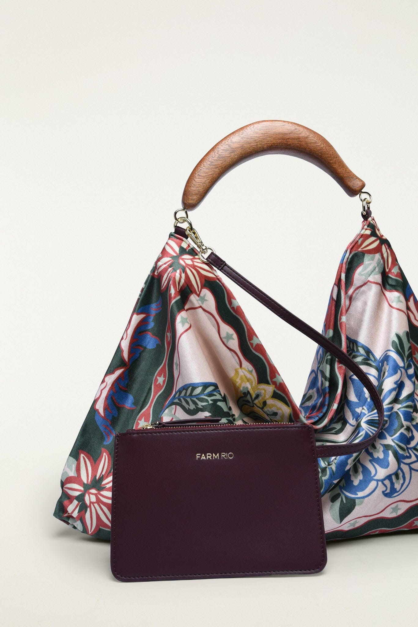 FARM Rio model wearing the Velvet Wood Handle Small Scarf Bag