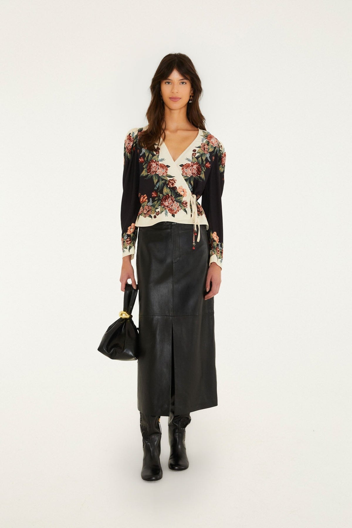 Winter Floral Long Sleeve Wrap Blouse