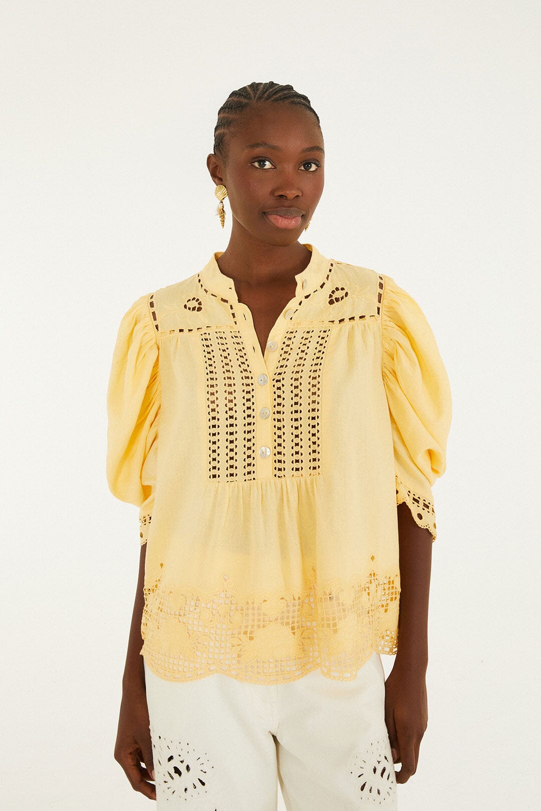 Yellow Romantic Richelieu Short Sleeve Blouse | FARM Rio