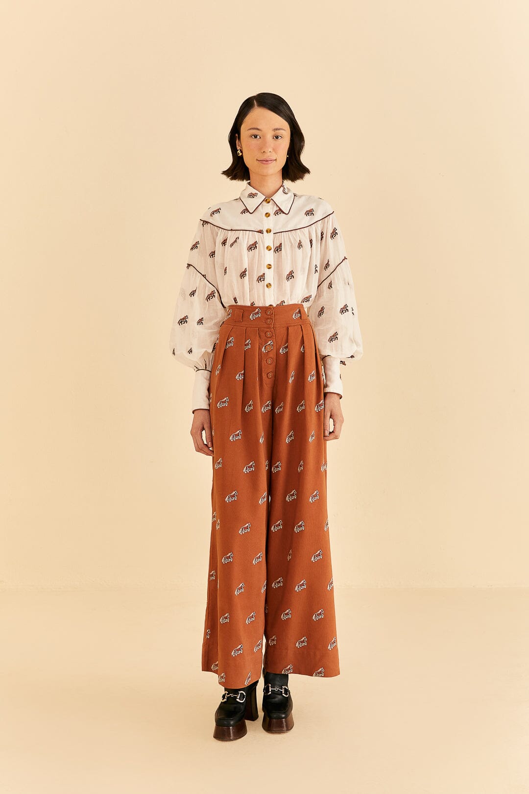 Caramel Embroidered Horses Pants FARM Rio