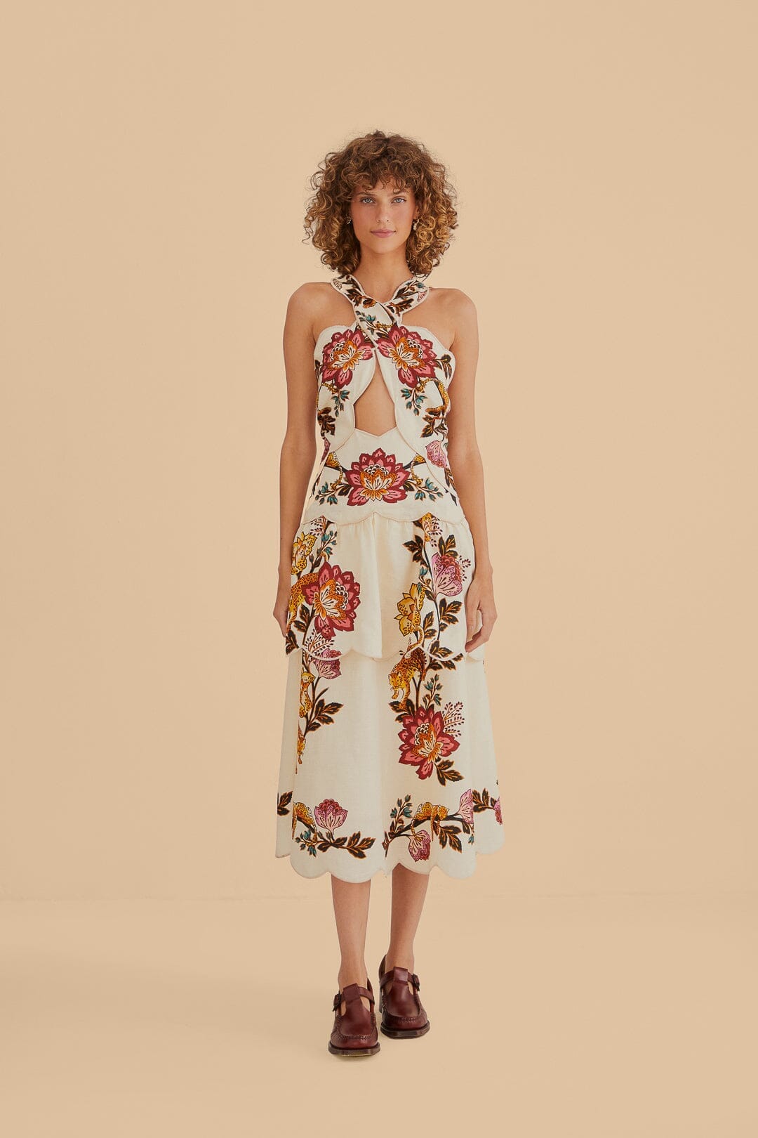 Sand Leopard Flowers Cut Out Midi Dress FARM Rio Sand Leopard Flowers Cut Out Midi Dress FARM Rio
