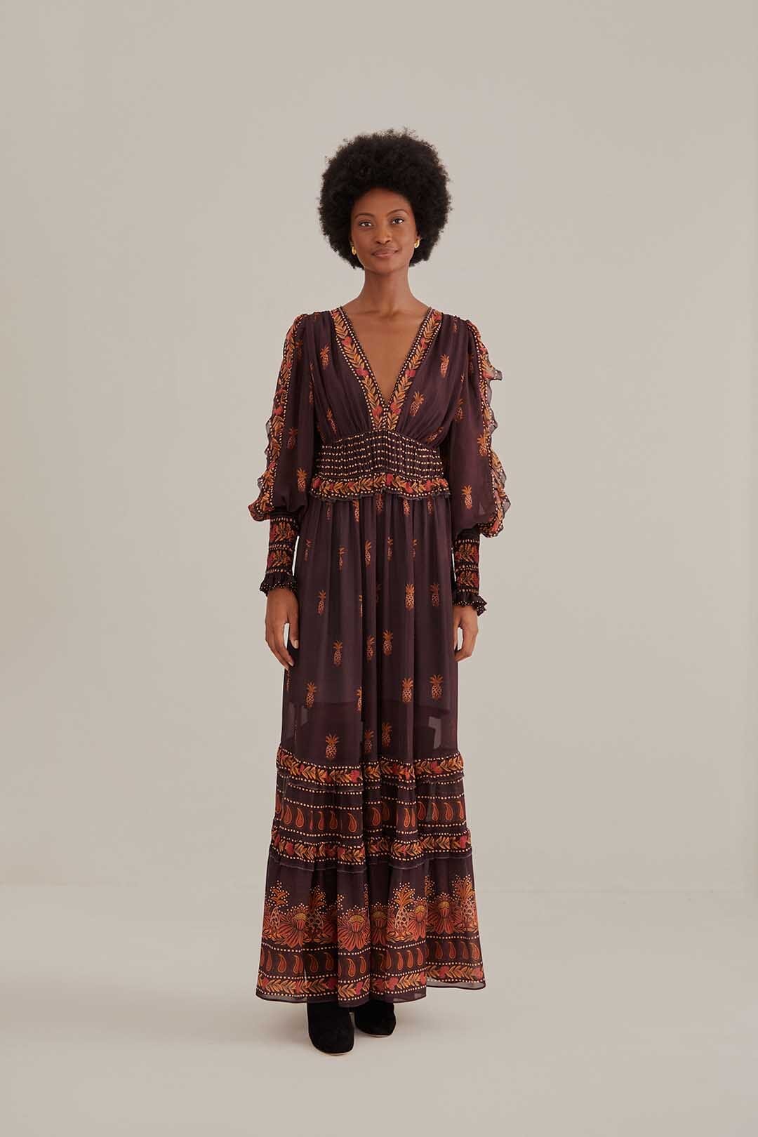 Brown Paisley Bloom Long Sleeve Maxi Dress FARM Rio Brown Paisley Bloom Long Sleeve Maxi Dress FARM Rio