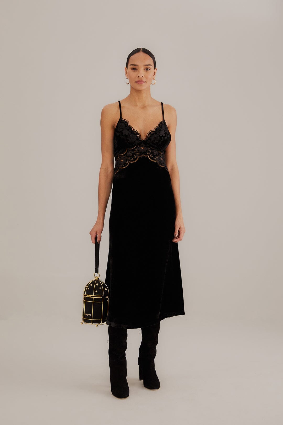 Black Richelieu Velvet Slip Dress FARM Rio Black Richelieu Velvet Slip Dress FARM Rio