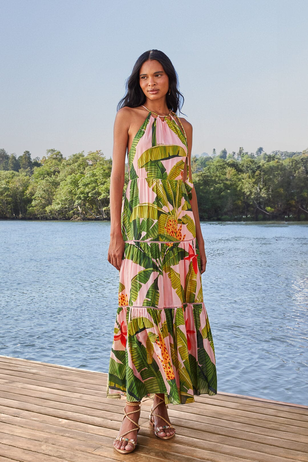 Pink Banana Leaves Sleeveless Maxi Dress FARM Rio Pink Banana Leaves Sleeveless Maxi Dress FARM Rio