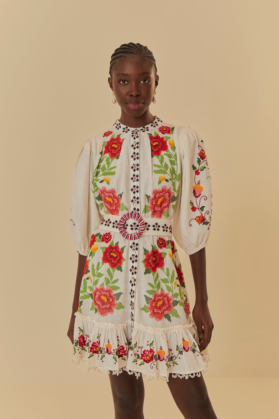 Off-White Embroidered Carmina Floral Short Sleeve Mini Dress FARM Rio Off-White Embroidered Carmina Floral Short Sleeve Mini Dress FARM Rio