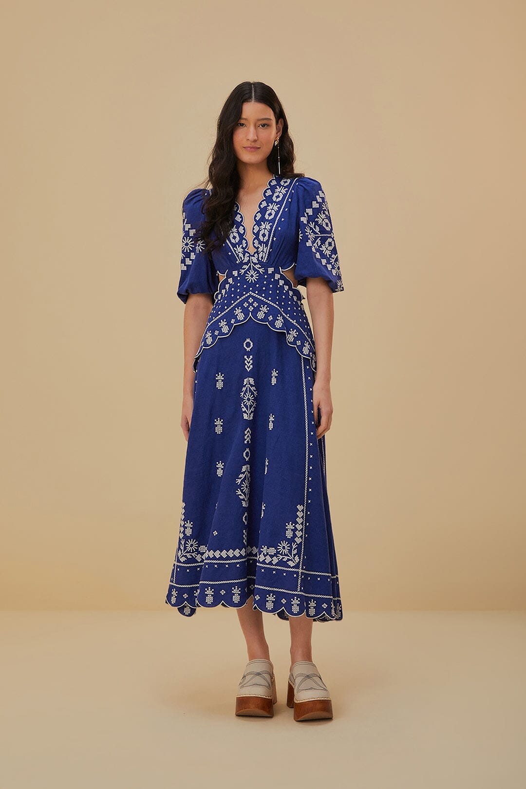 Navy Blue Embroidered Cut-Out Midi Dress FARM Rio Navy Blue Embroidered Cut-Out Midi Dress FARM Rio