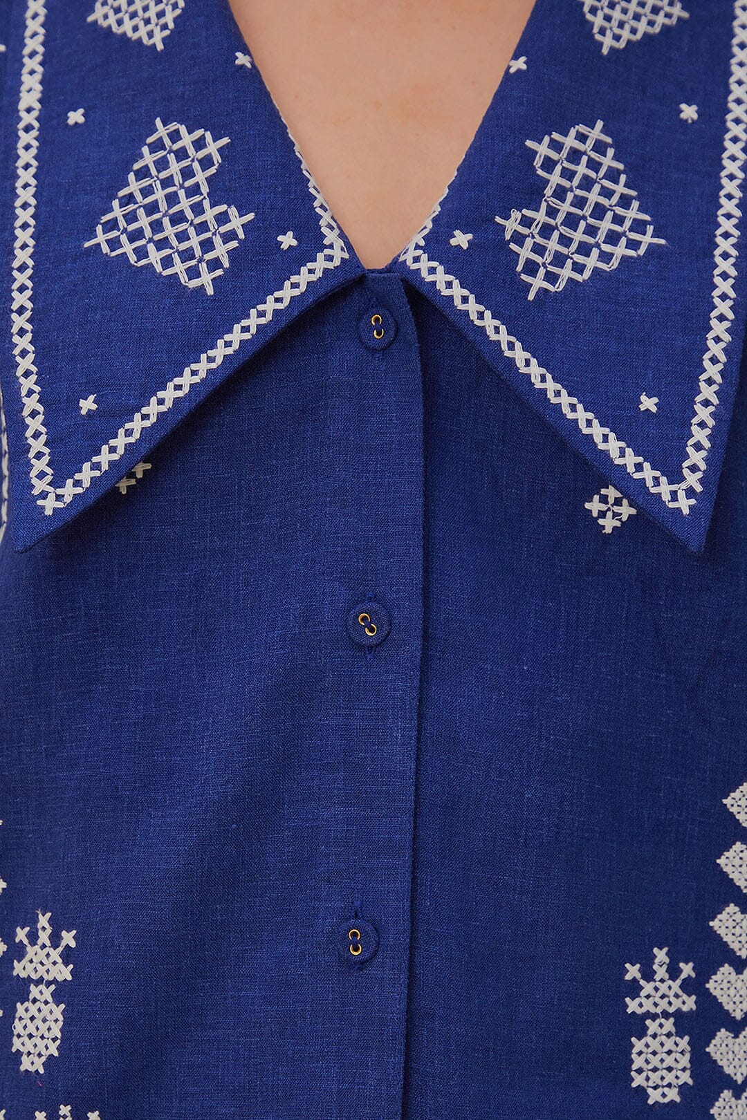 Navy Blue Embroidered Short Sleeve Shirt