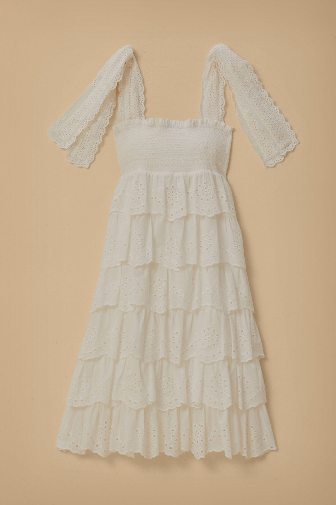 Robe midi à volants brodés blanc cassé