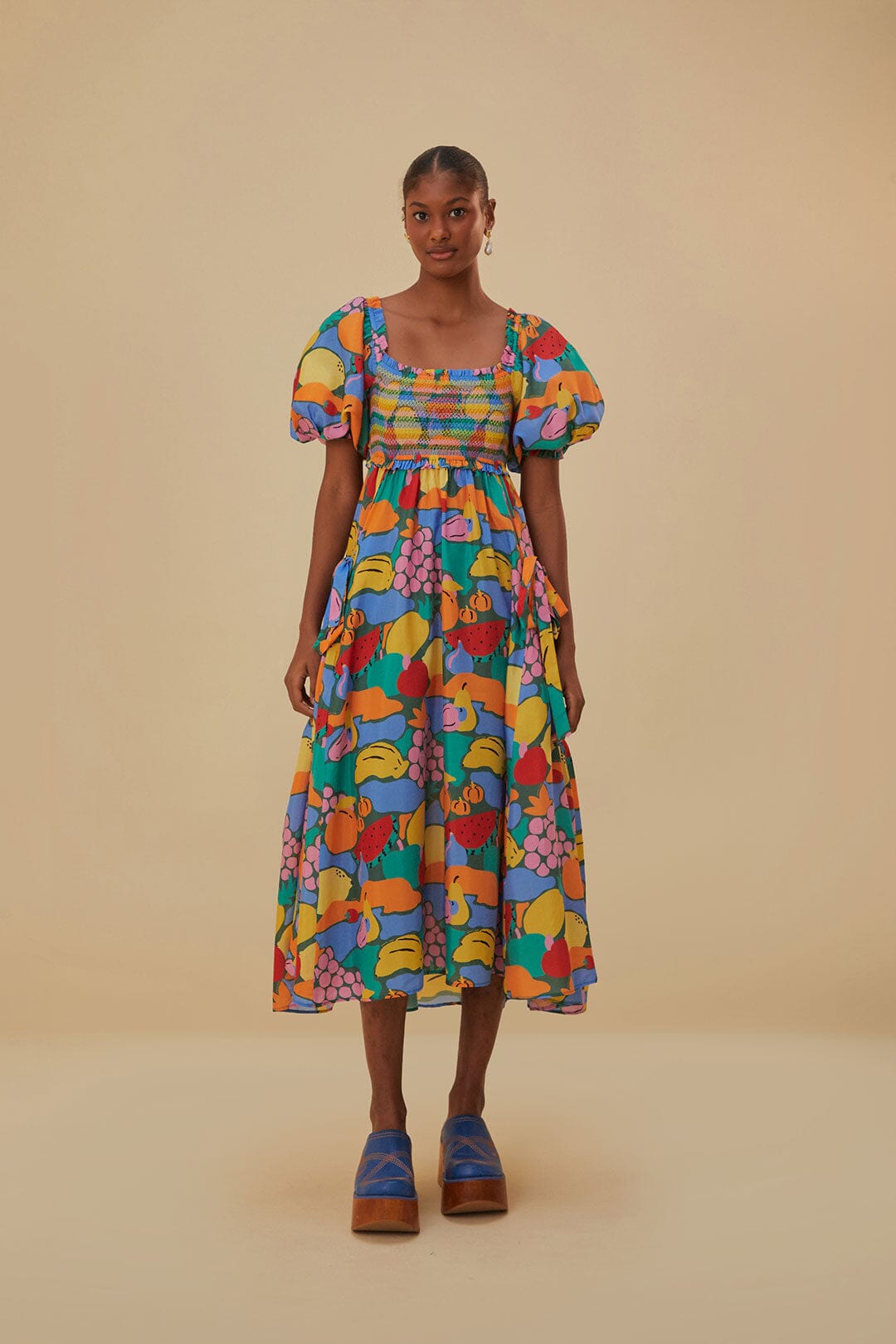 Multicolor Fruit Landscape Short Sleeve Midi Dress – FARM Rio