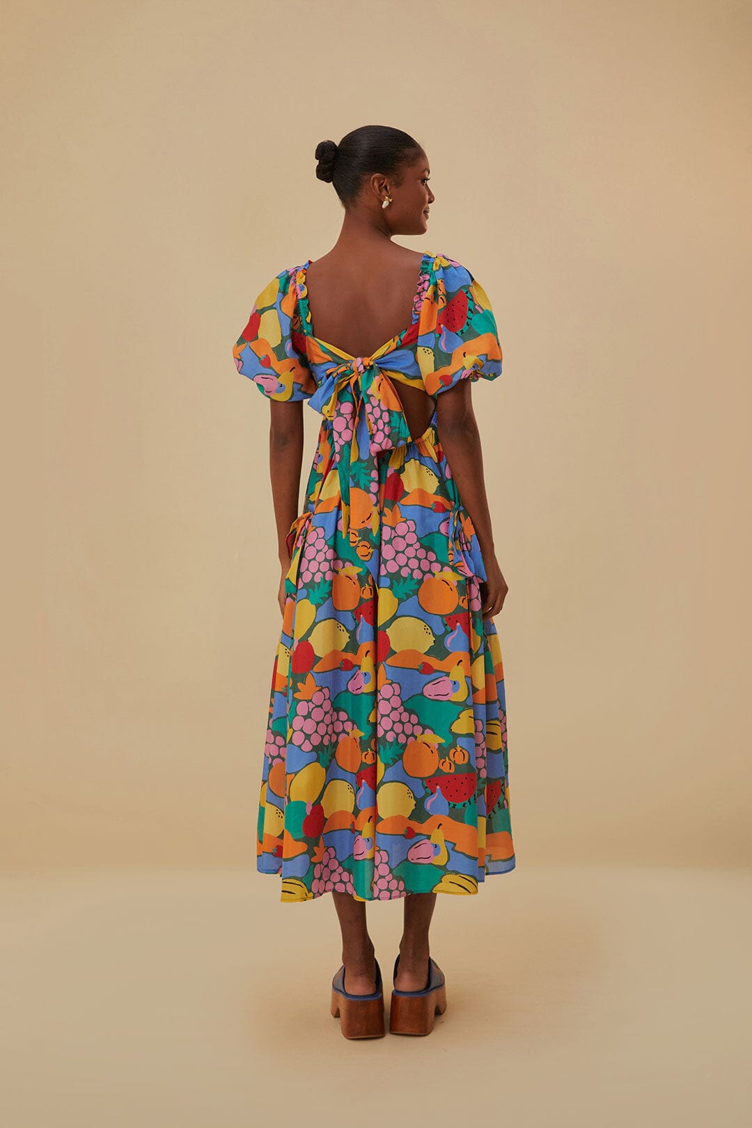 Multicolor Fruit Landscape Short Sleeve Midi Dress