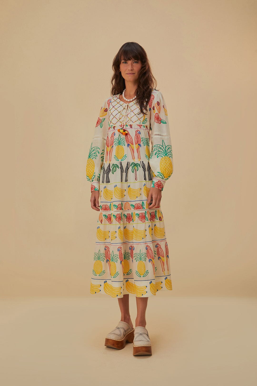 Off-White Tropicolors Yoke Embroidered Midi Dress FARM Rio Off-White Tropicolors Yoke Embroidered Midi Dress FARM Rio