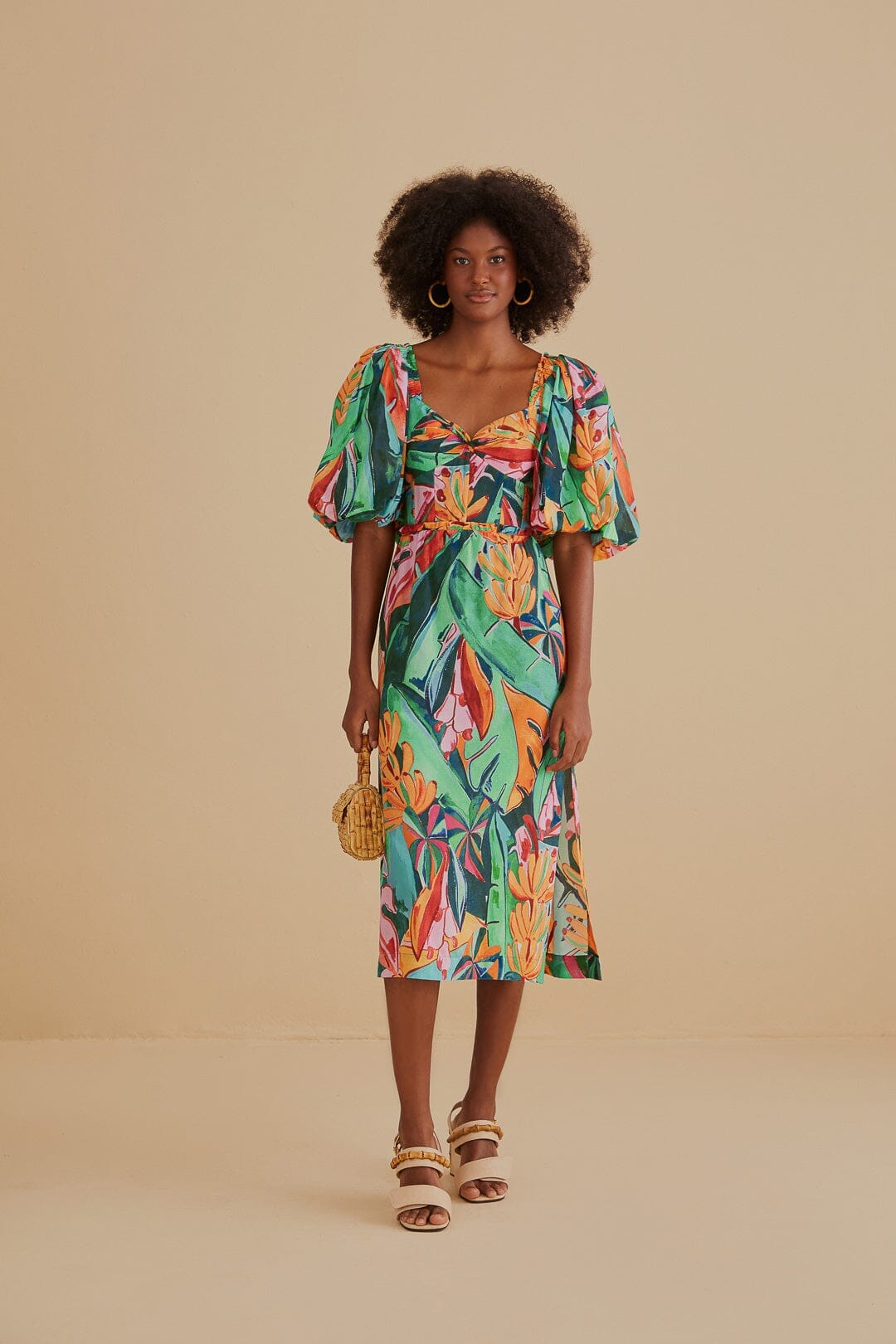 Multicolor Banana Foliage Puff Sleeve Midi Dress FARM Rio Multicolor Banana Foliage Puff Sleeve Midi Dress FARM Rio