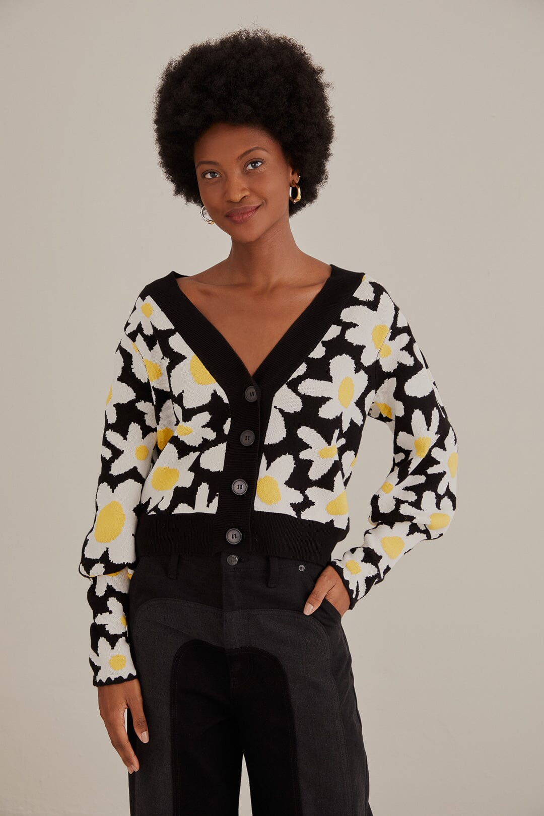 Black and white floral cardigan sale