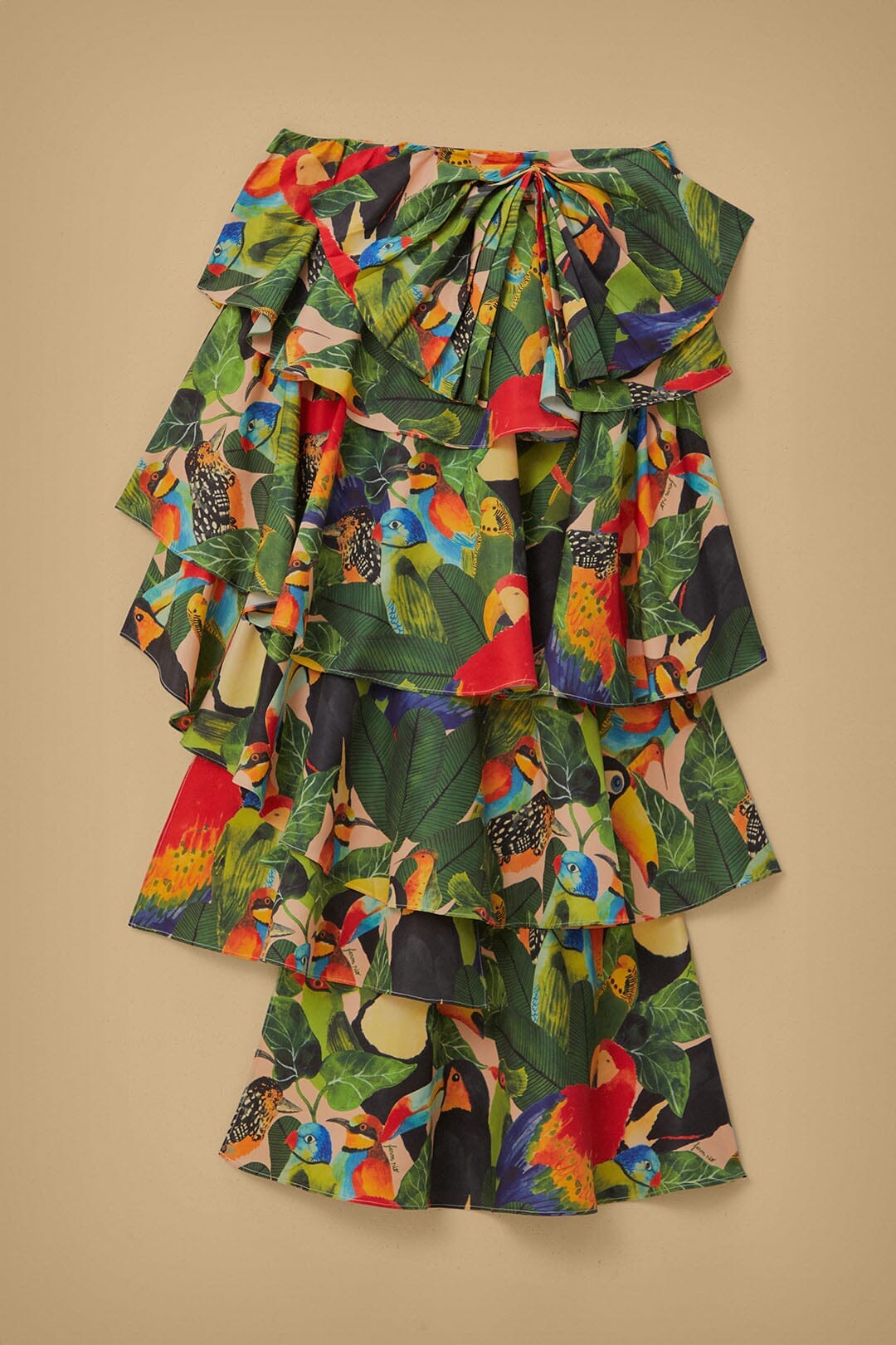 Bird Leaves Sand Tiered Bow Detail Maxi Skirt