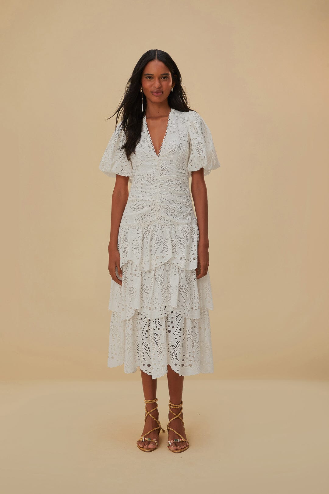 White Cotton Eyelet Puff Sleeve Midi Dress FARM Rio White Cotton Eyelet Puff Sleeve Midi Dress FARM Rio