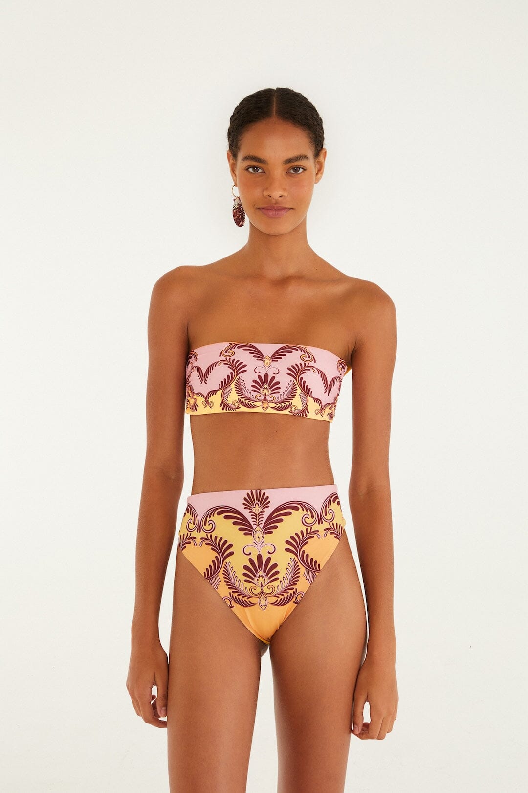 Haut de bikini bandeau jaune pâle à motifs arabesques