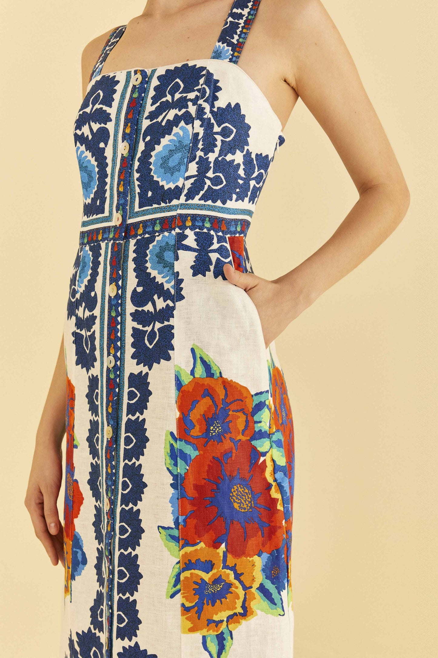 farm rio flower tapestry midi dress BLUE Garden Tapestry Embroidered Long Sleeve Midi Dress