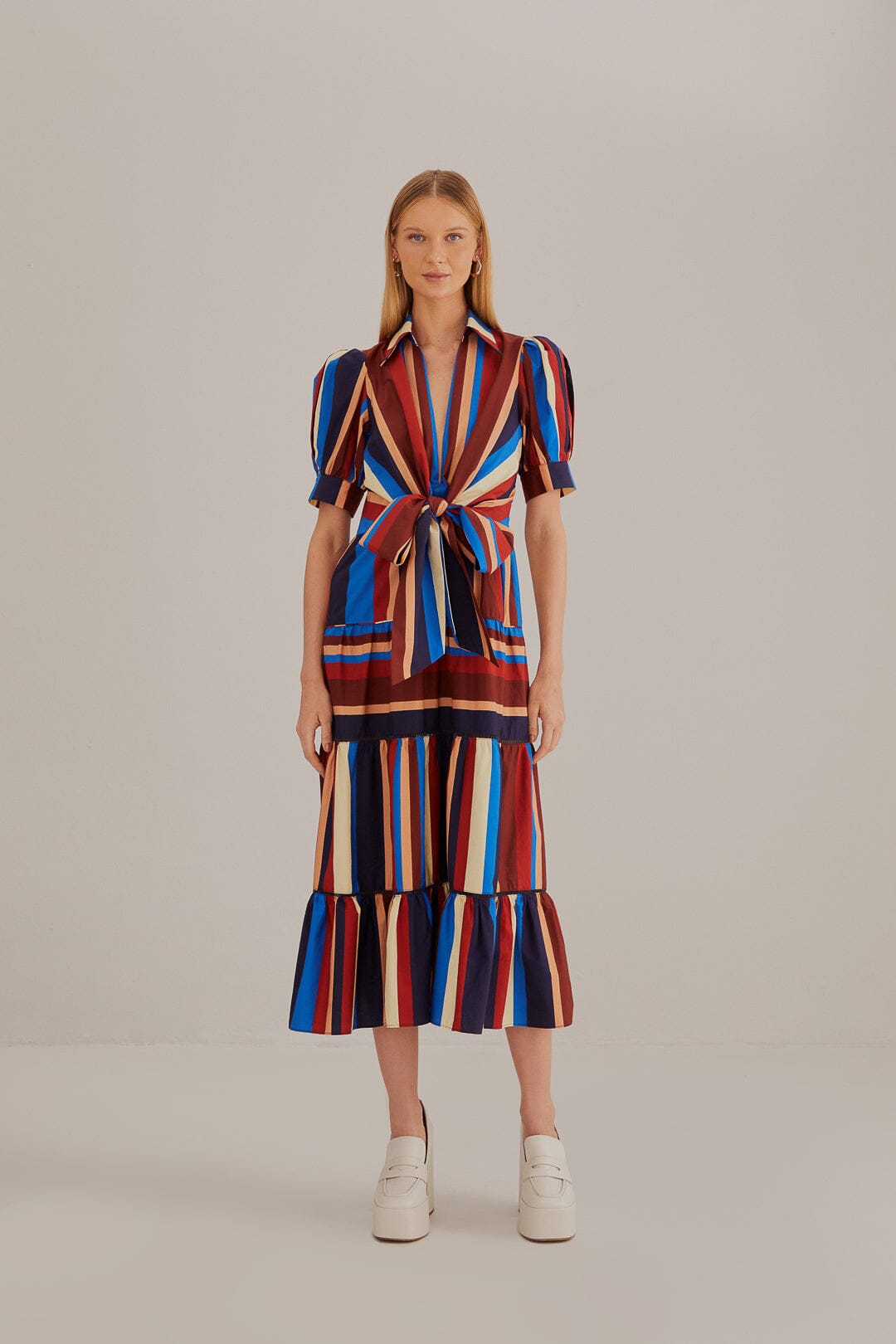 Multicolor Winter Stripes Short Sleeve Midi Dress FARM Rio Multicolor Winter Stripes Short Sleeve Midi Dress FARM Rio