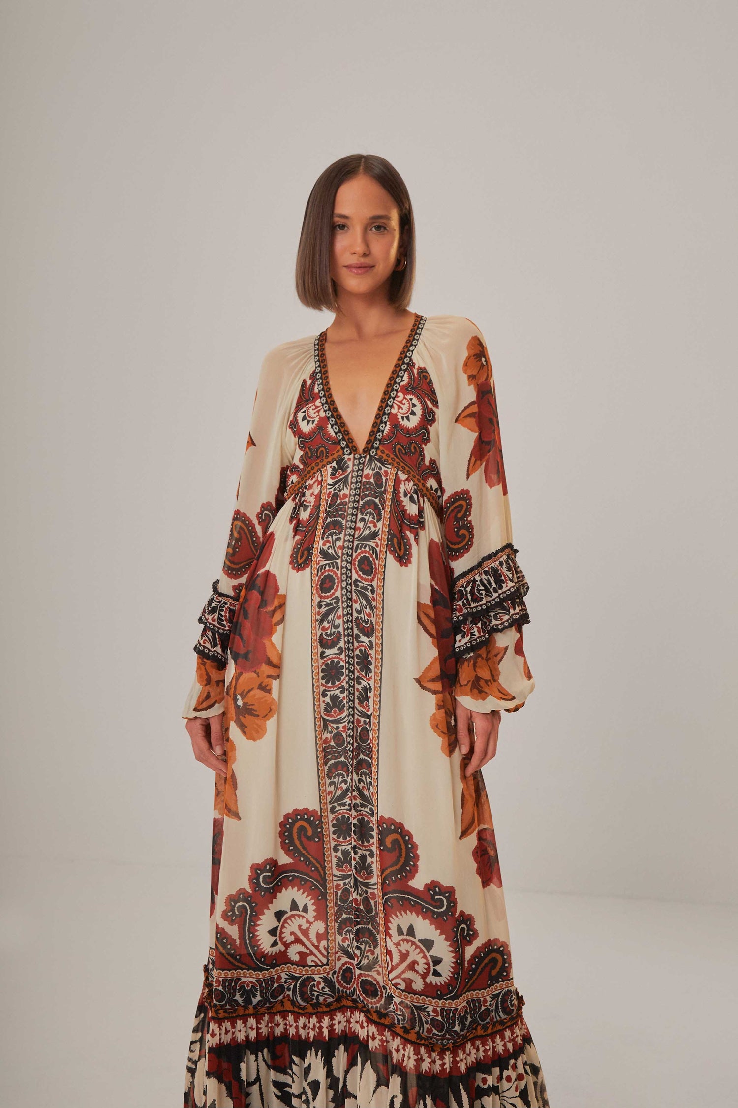 blue winter tapestry long sleeve maxi dress Farm Rio Winter Tapestry Ruched Maxi Dress