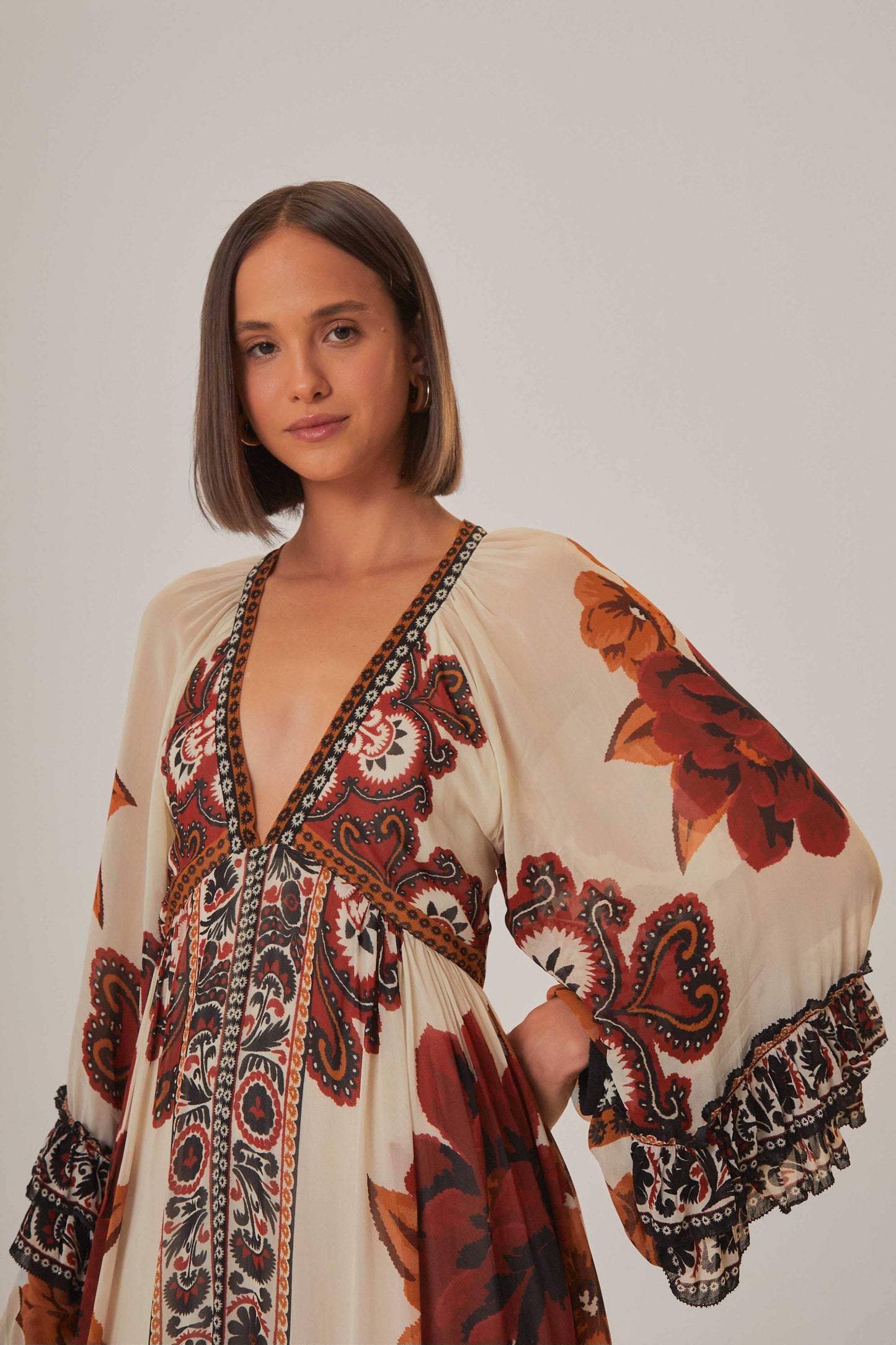 farm rio winter tapestry v-neck maxi dress Sand Winter Tapestry V Neck Maxi Dress FARM Rio