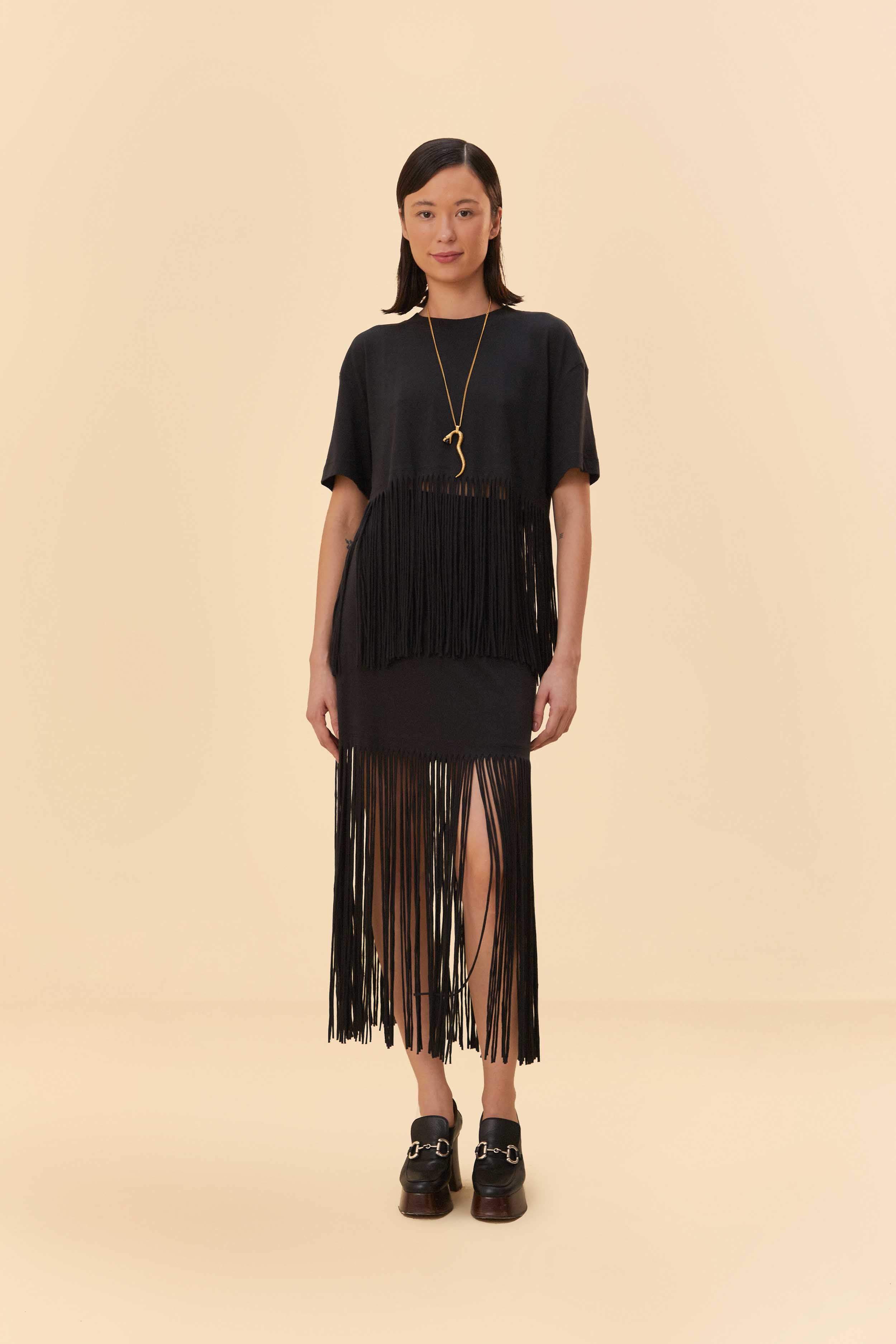 Black Organic Cotton Fringe Midi Skirt – FARM Rio