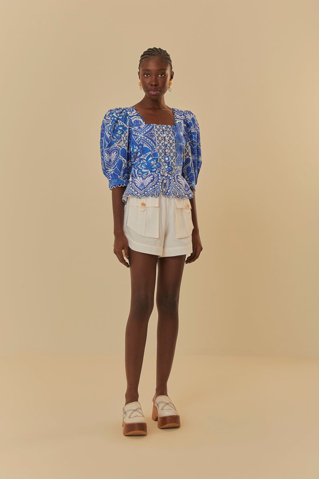 blue tile dream short sleeve mini dress FARM Rio Tile Dream Multicolor V Neckline Short Sleeve Mini Dress