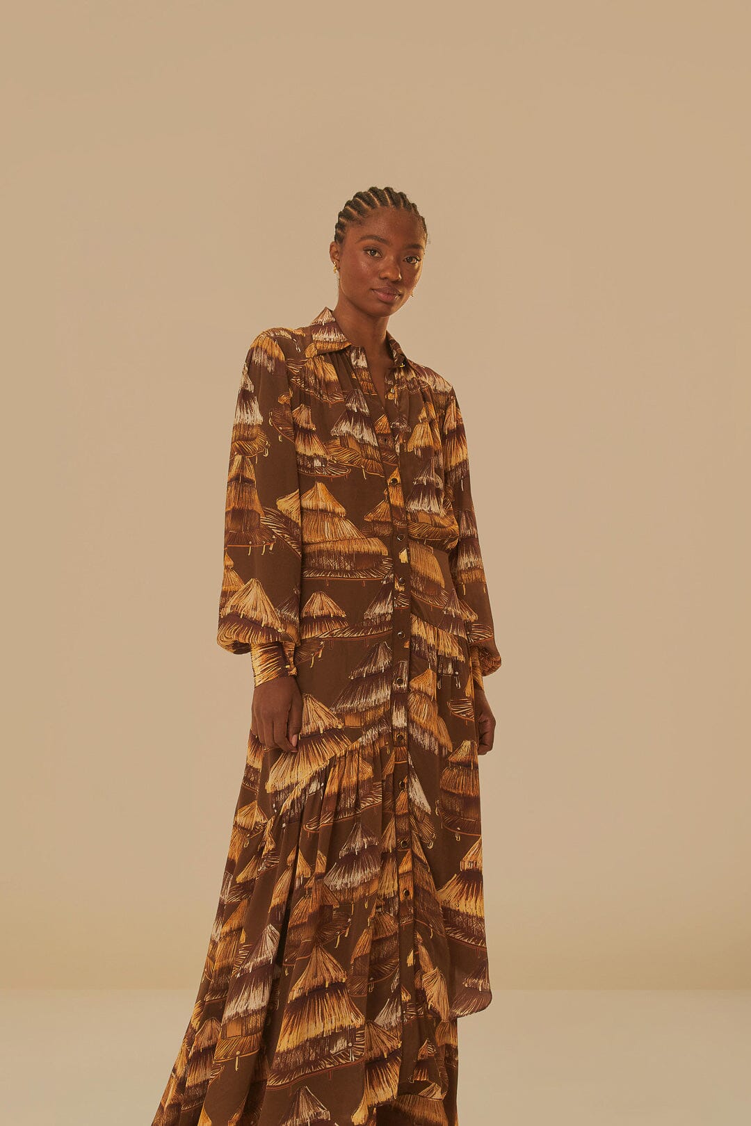 Malocas Beige Long Sleeve Midi Dress FARM Rio Malocas Beige Long Sleeve Midi Dress FARM Rio