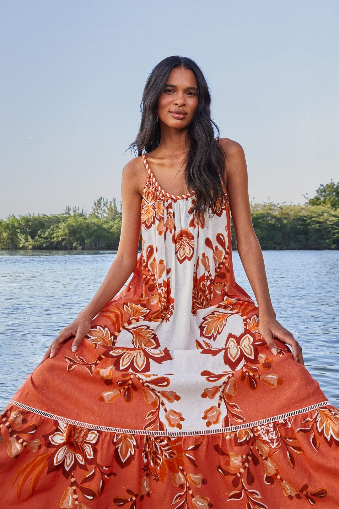 cream orange dress Cream And Orange Abstract Print Long Sleeve Wrap Midi Dress AX Paris