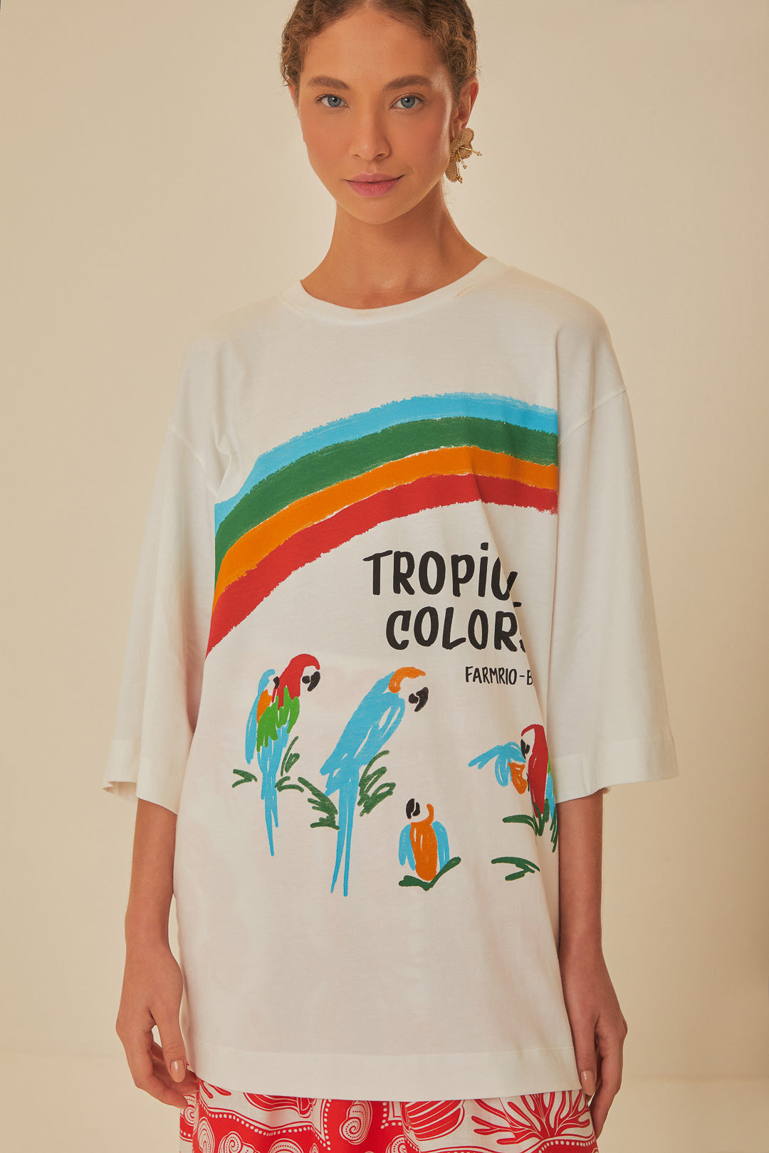 T-shirt oversize en coton biologique aux couleurs tropicales blanc