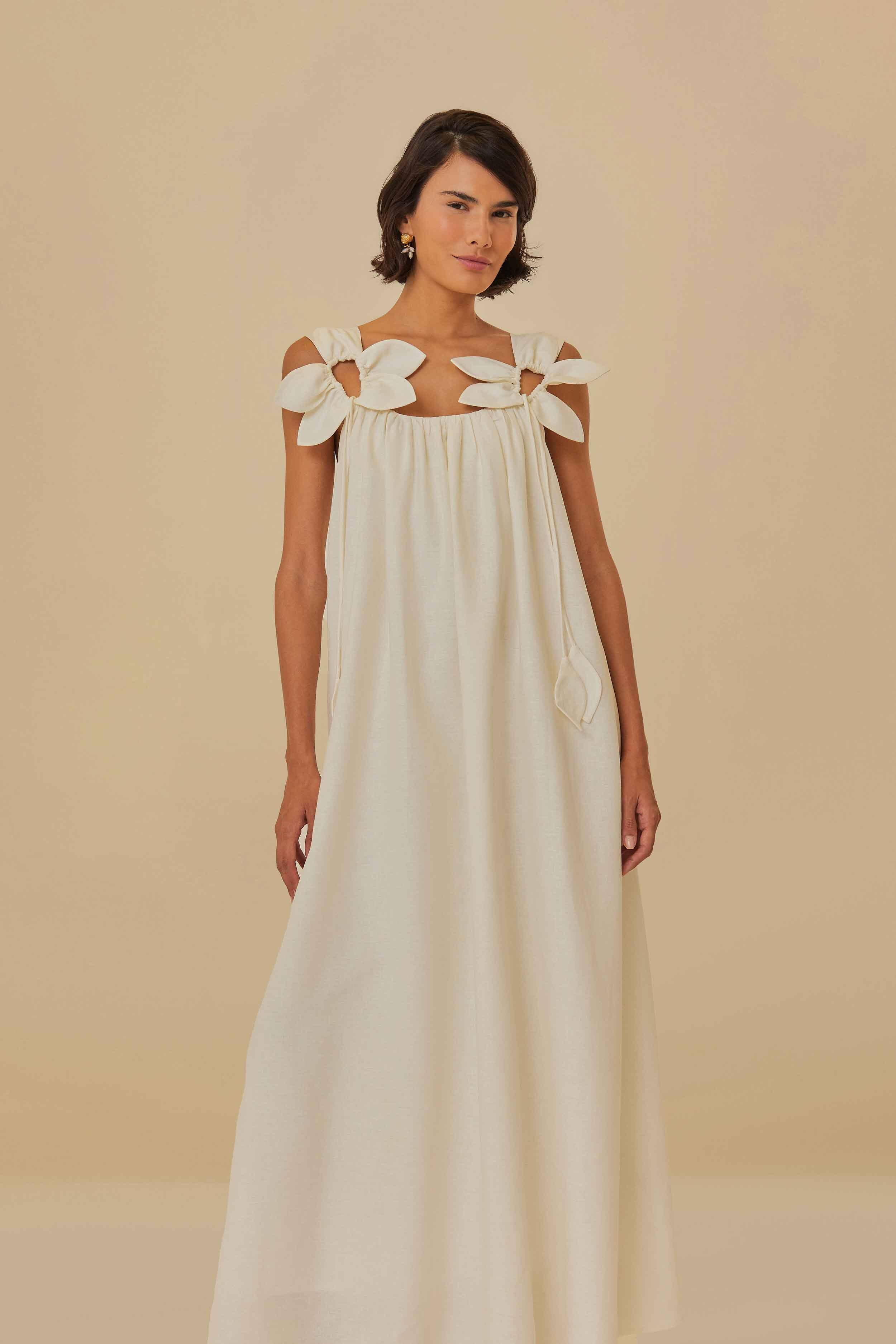 White Floral Details Lenzing™ Ecovero™ Euroflax™ Midi Dress – FARM Rio