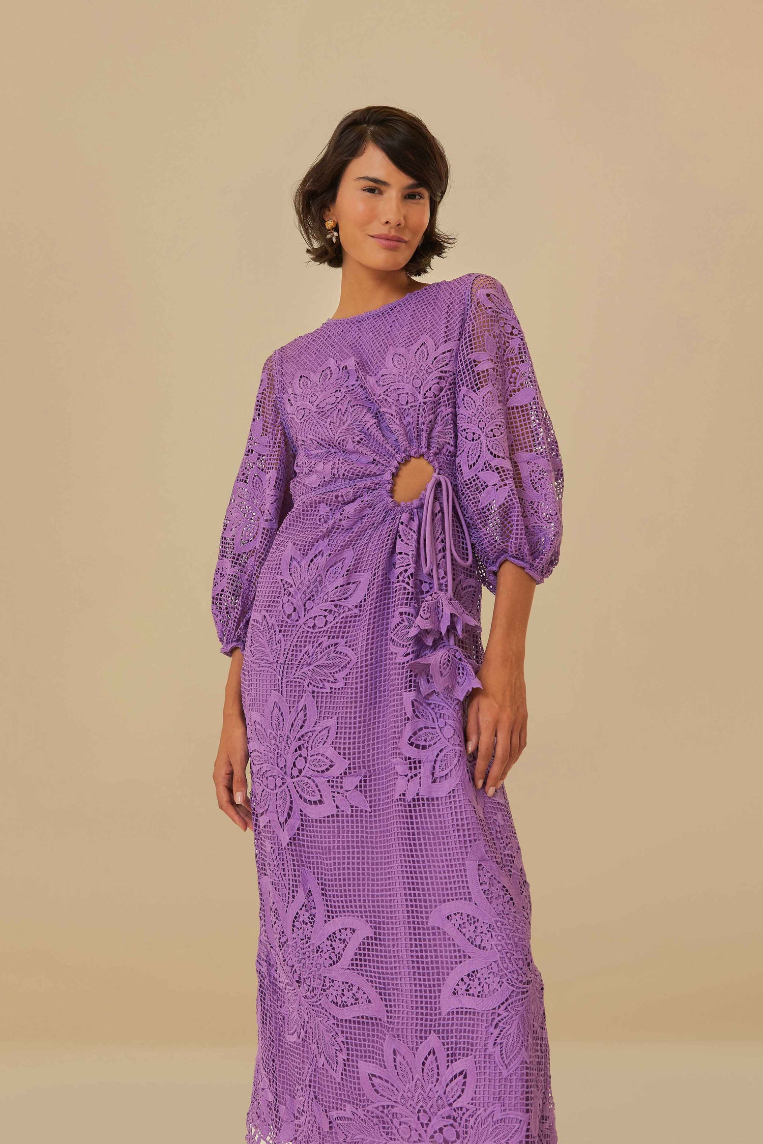Lilac Guipure Cut-Out Midi Dress FARM Rio Lilac Guipure Cut-Out Midi Dress FARM Rio