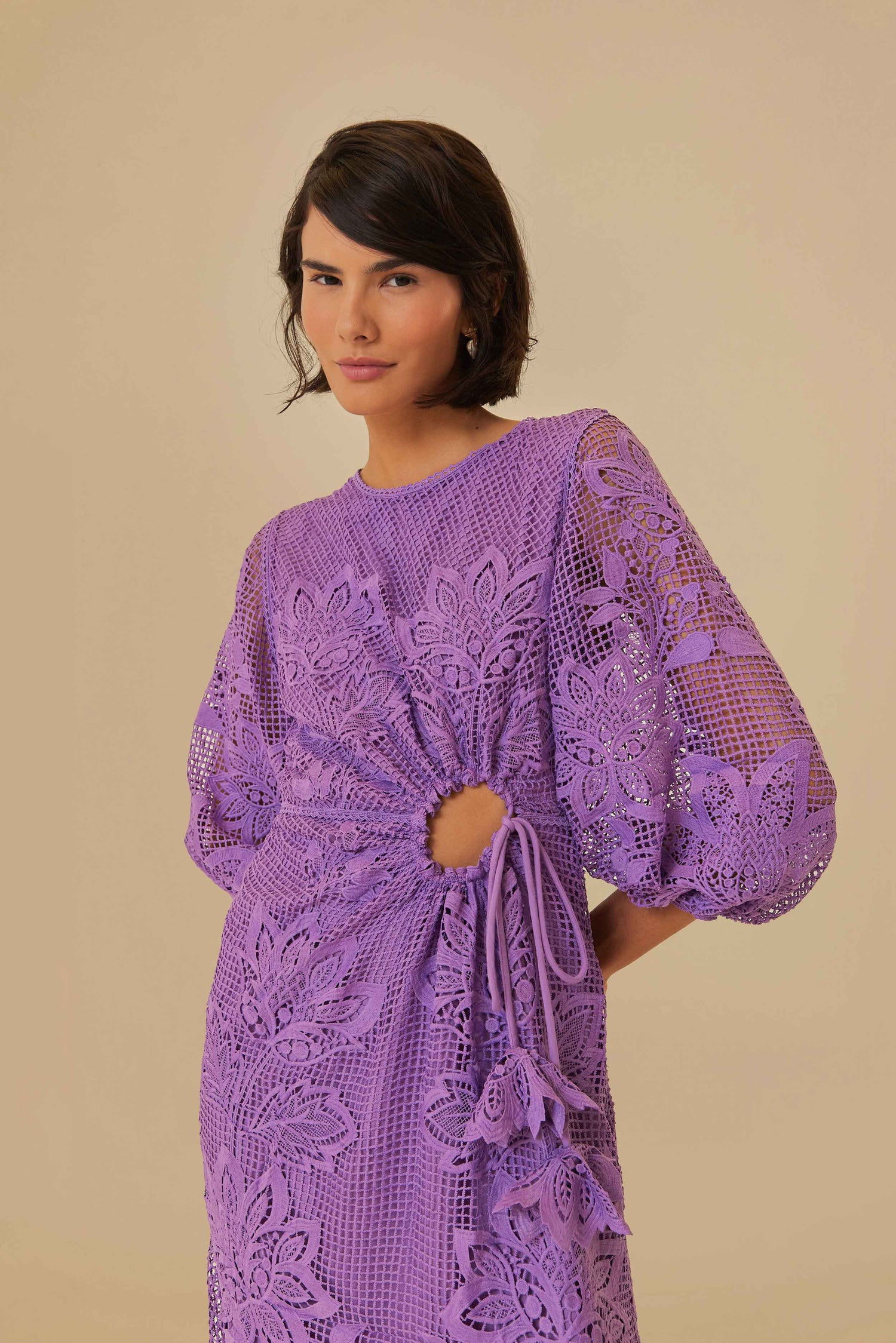Lilac Guipure Cut-Out Midi Dress FARM Rio Lilac Guipure Cut-Out Midi Dress FARM Rio