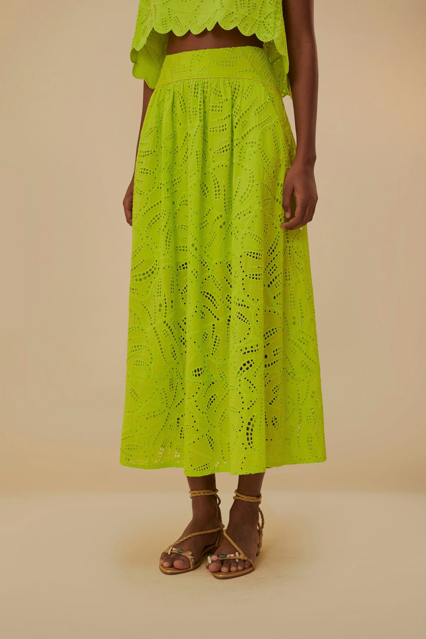 Green Monstera Eyelet Maxi Skirt