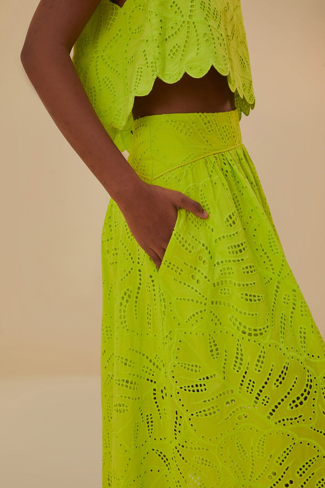 Green Monstera Eyelet Maxi Skirt