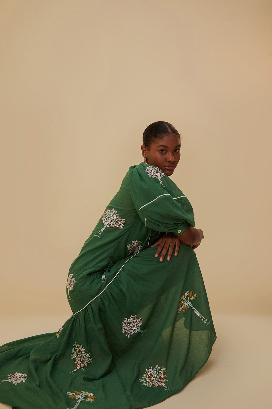 Green Embroidered Trees Organic Cotton Midi Dress FARM Rio Green Embroidered Trees Organic Cotton Midi Dress FARM Rio