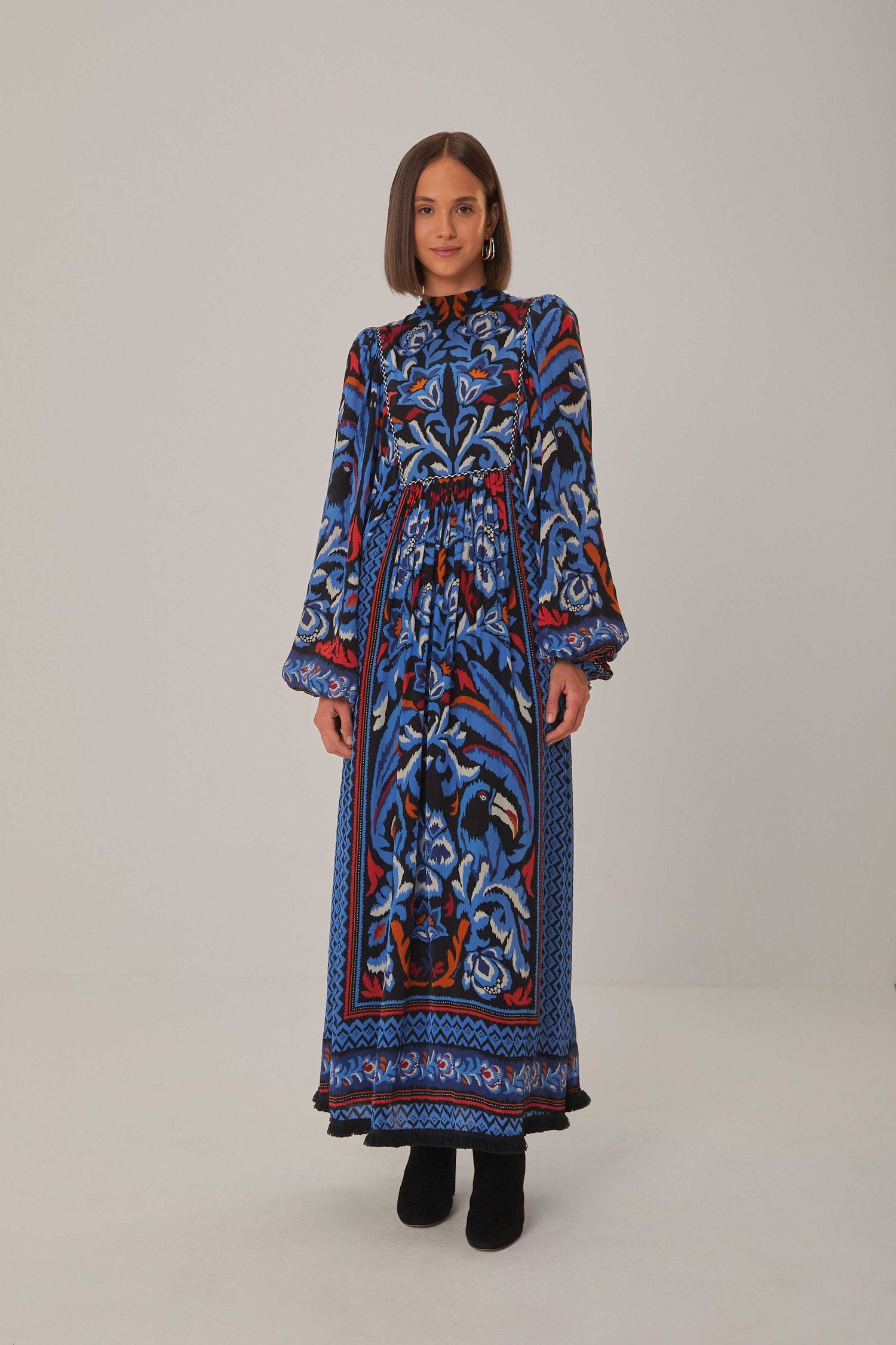 black toucans scarf long sleeve mini dress Black Toucans Scarf Long Sleeve Maxi Dress FARM Rio