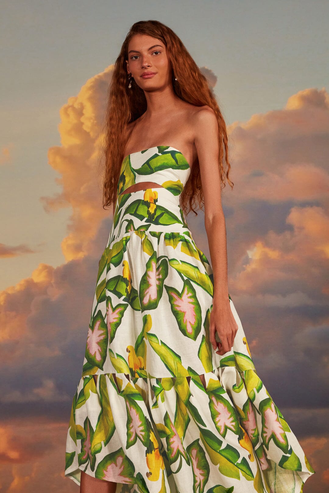 Off-White Summer Foliage Euroflax Premium Linen Midi Dress FARM Rio Off-White Summer Foliage Euroflax Premium Linen Midi Dress FARM Rio