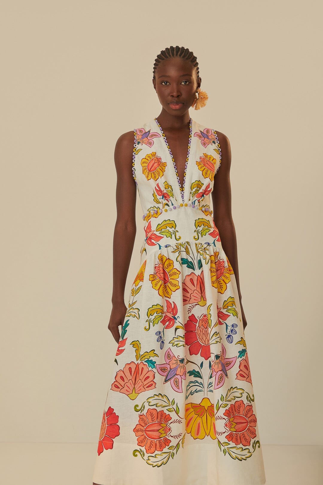 Off-White Floral Insects Euroflax Premium Linen Maxi Dress FARM Rio Off-White Floral Insects Euroflax Premium Linen Maxi Dress FARM Rio