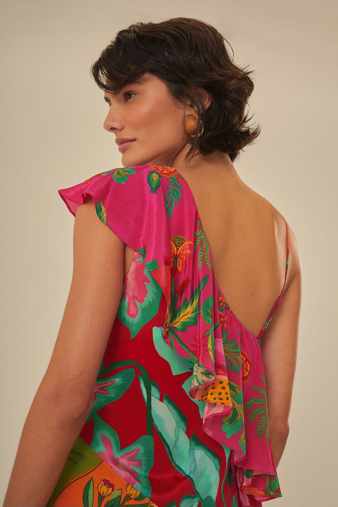 farm rio one shoulder slim floral midi dress FARM Rio One Shoulder Ruched Midi Dress