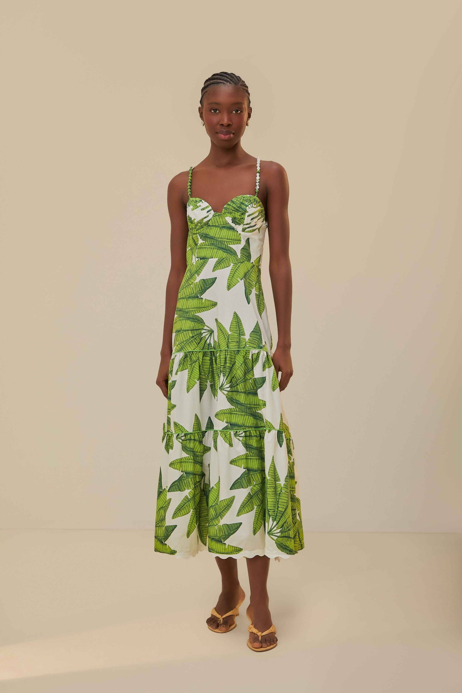 Off-White Palm Fan Midi Dress FARM Rio Off-White Palm Fan Midi Dress FARM Rio