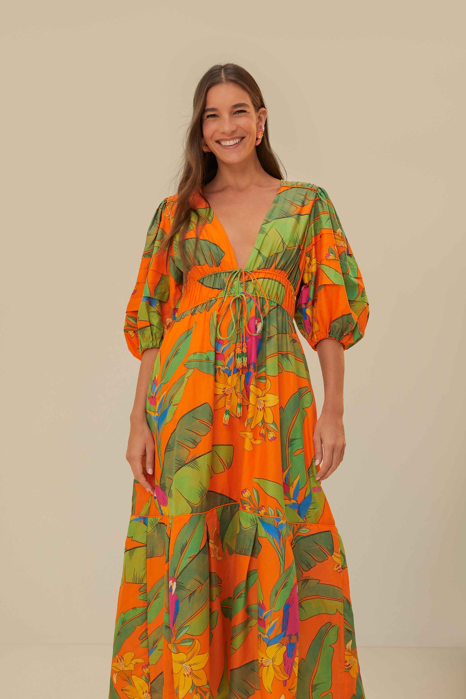 Orange Fresh Macaws Midi Dress FARM Rio Orange Fresh Macaws Midi Dress FARM Rio