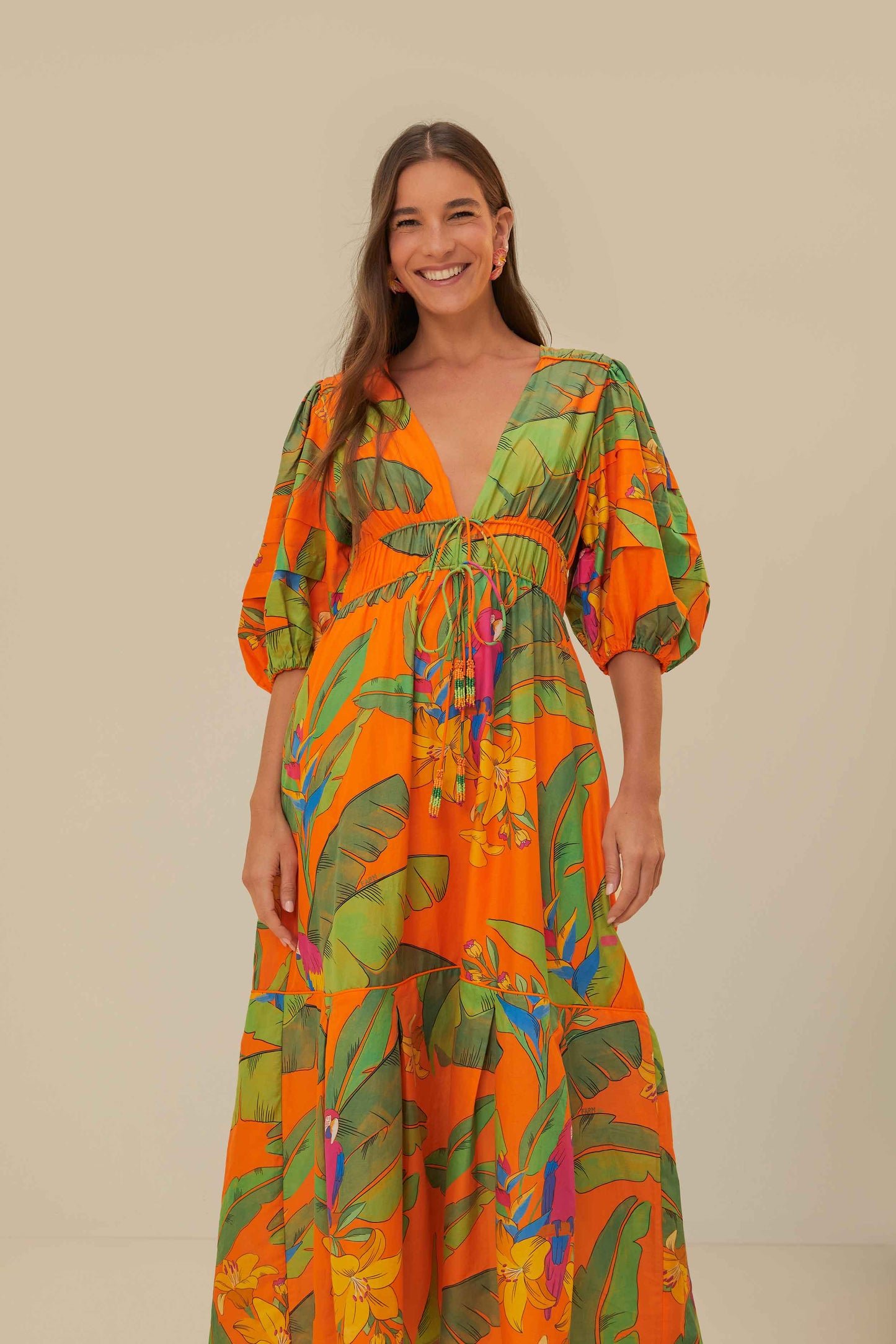Orange Fresh Macaws Midi Dress FARM Rio Orange Fresh Macaws Midi Dress FARM Rio