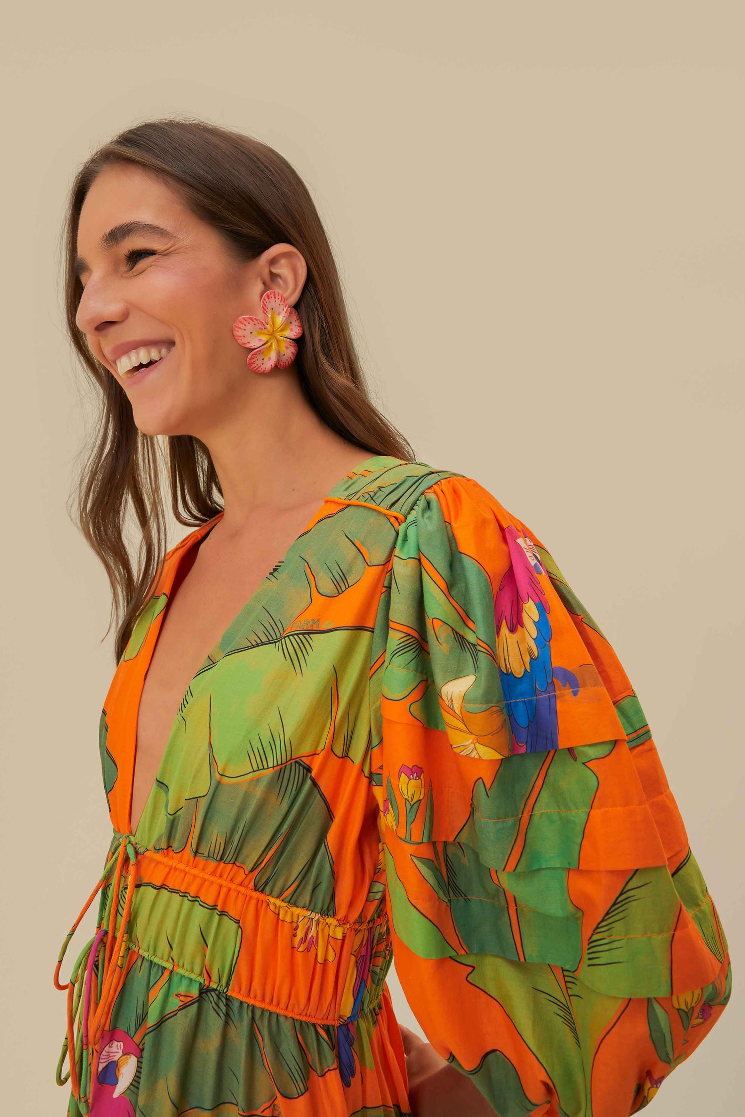 Orange Fresh Macaws Midi Dress FARM Rio Orange Fresh Macaws Midi Dress FARM Rio