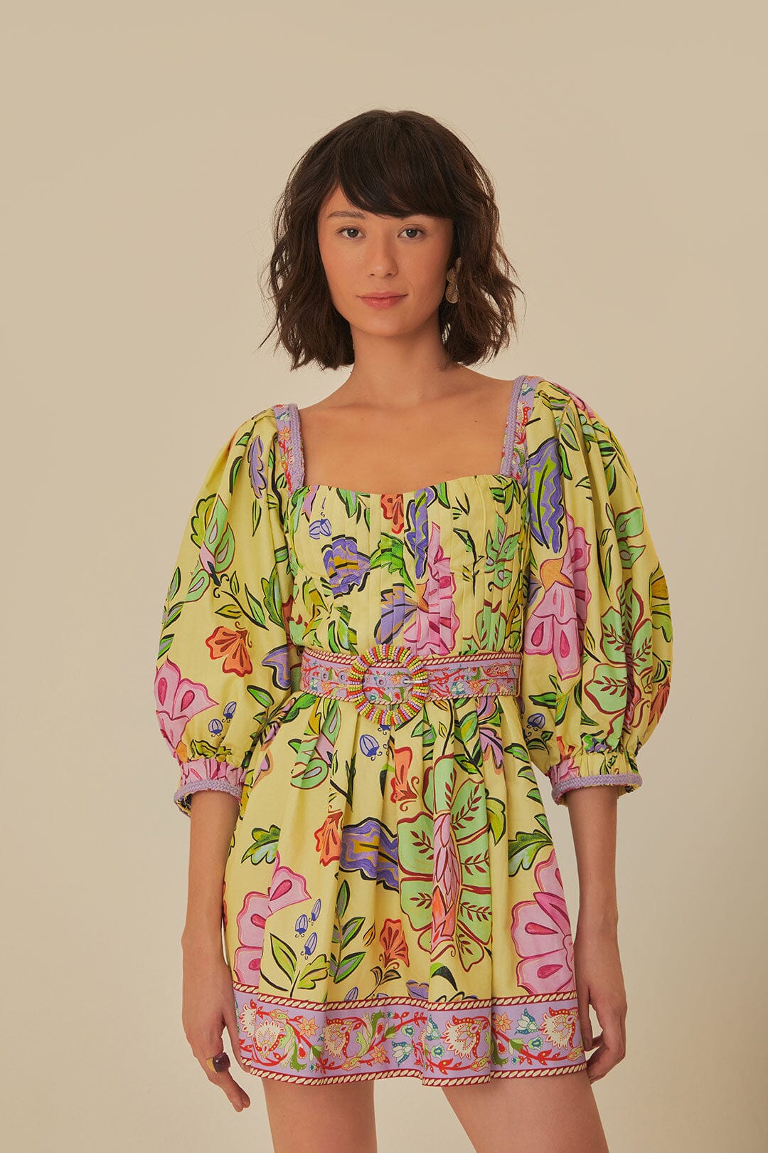 Yellow Floral Insects Short Sleeves Mini Dress