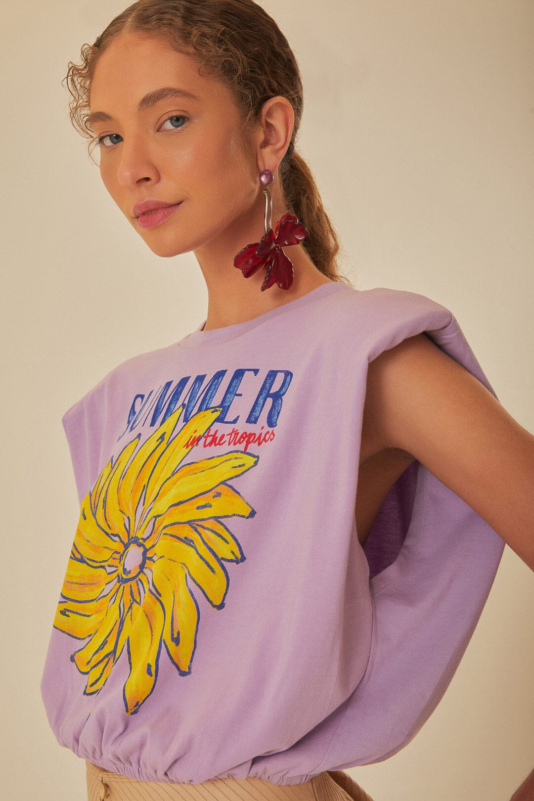 T-shirt lilas en coton biologique avec épaulettes Summer In The Tropics