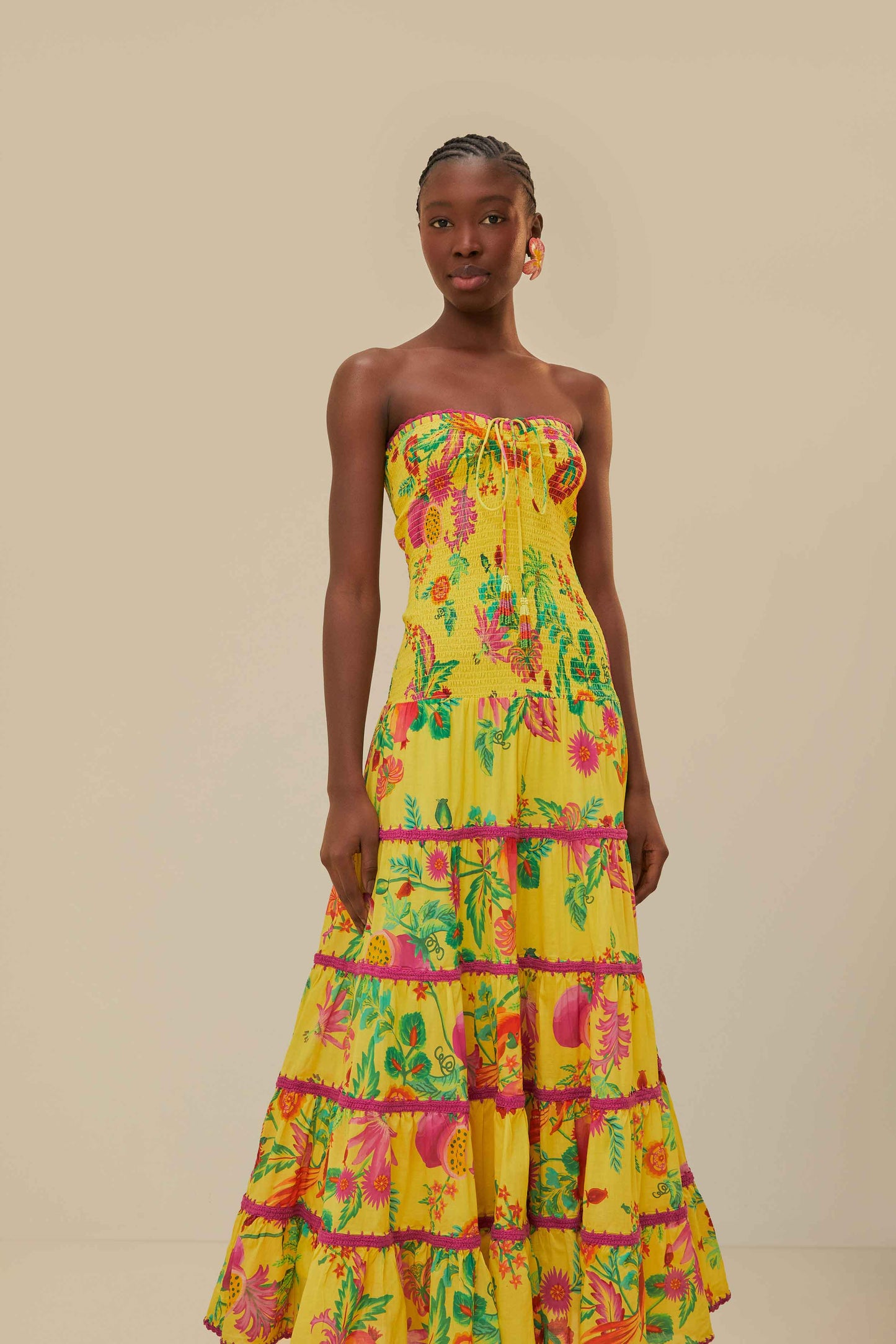 Yellow Delicate Fruit Garden Smocked Maxi Dress FARM Rio Yellow Delicate Fruit Garden Smocked Maxi Dress FARM Rio
