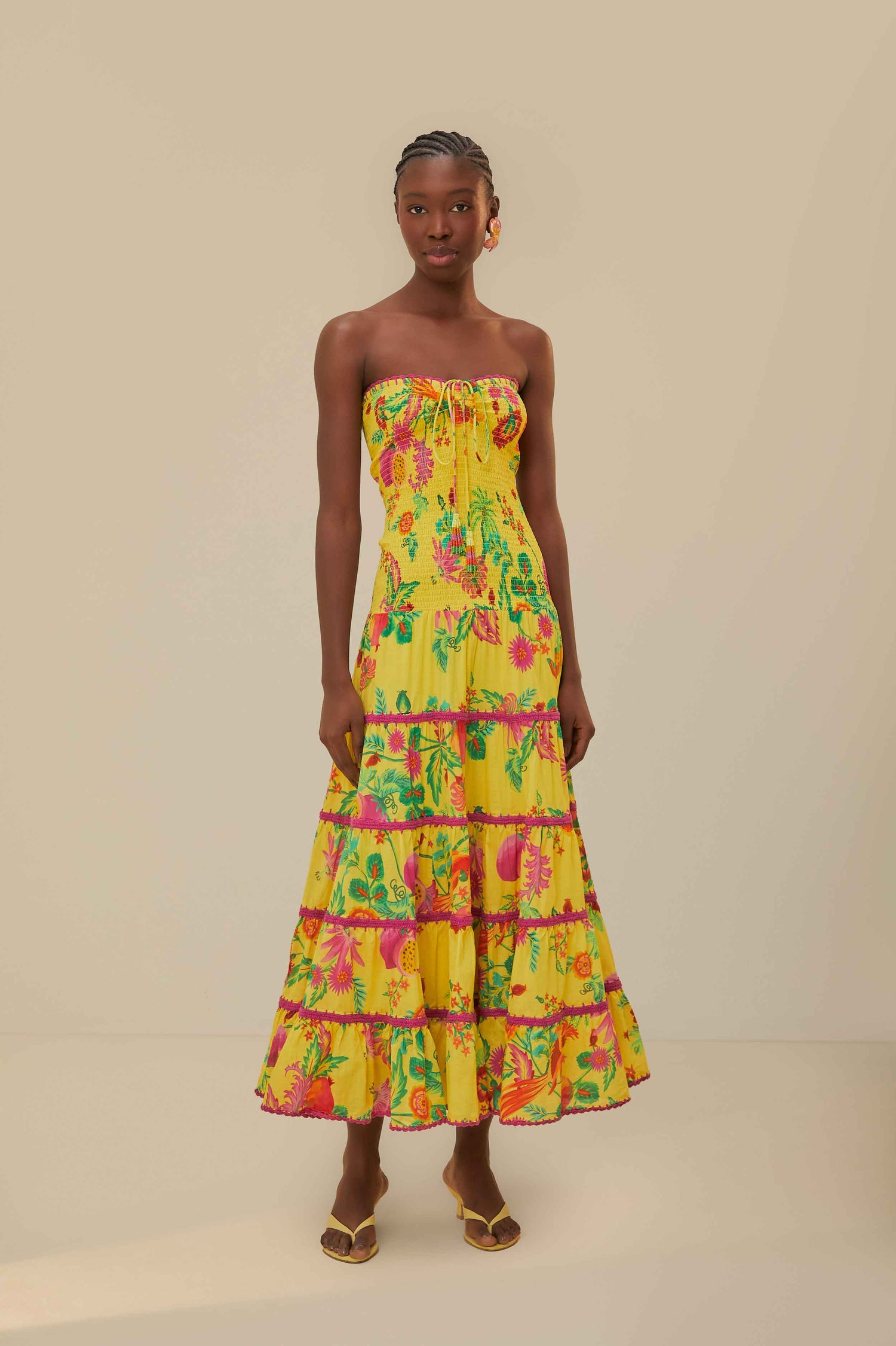 farm rio yellow painted flowers layered maxi dress Yellow Delicate Fruit Garden Smocked Maxi Dress FARM Rio