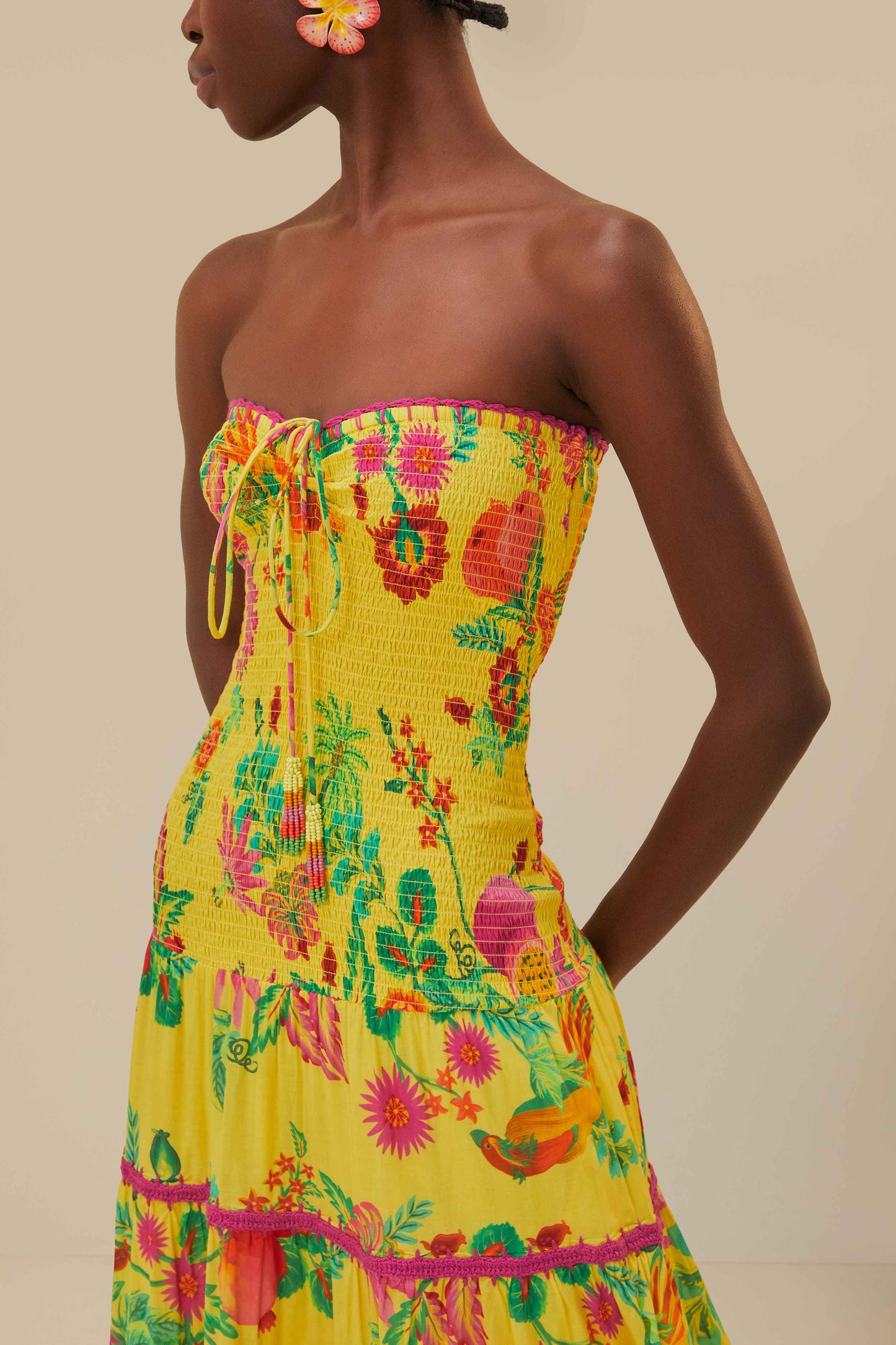 Yellow Delicate Fruit Garden Smocked Maxi Dress