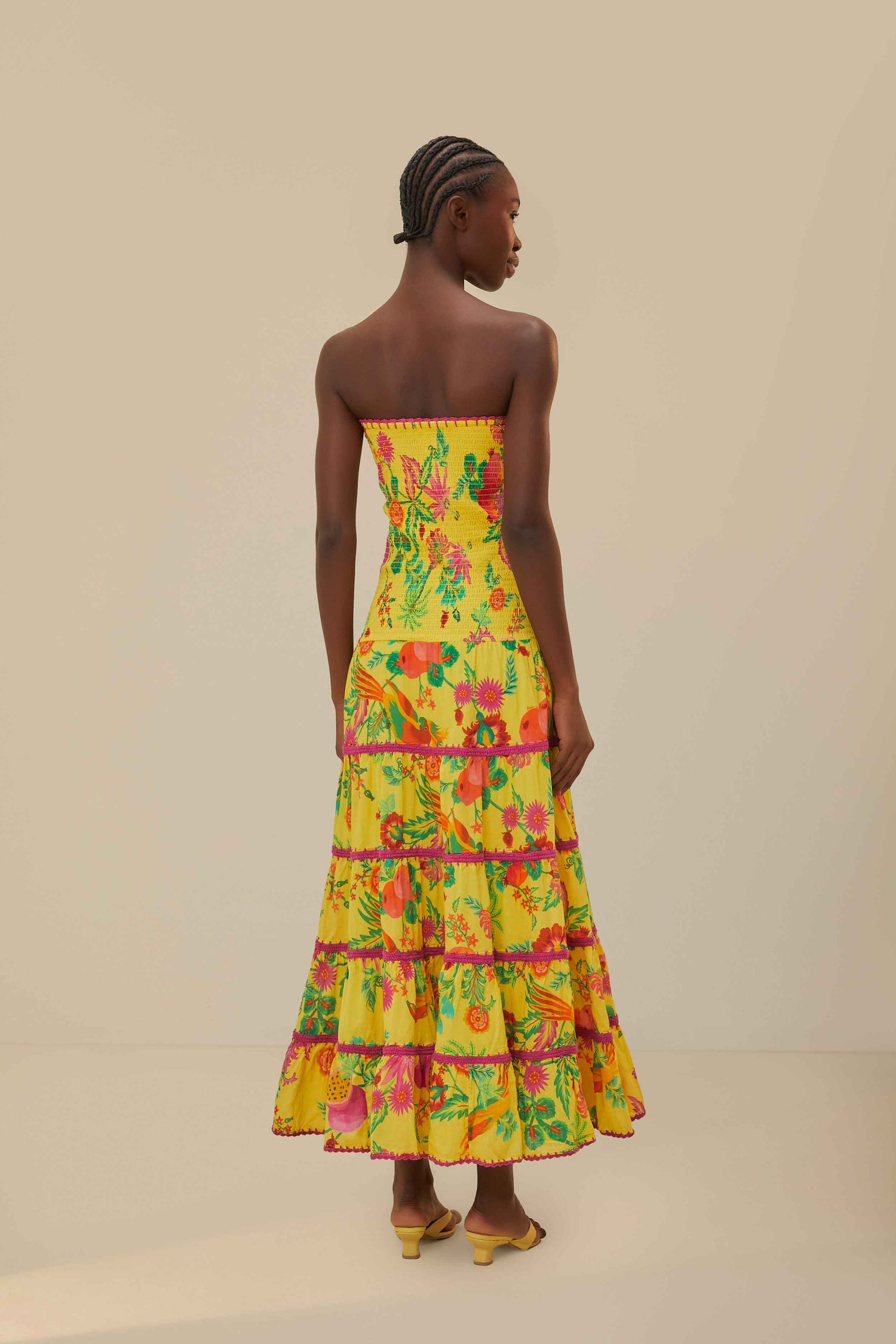 farm rio delicate garden ruched maxi dress FARM Rio Delicate Garden Brown Long Sleeve Maxi Dress