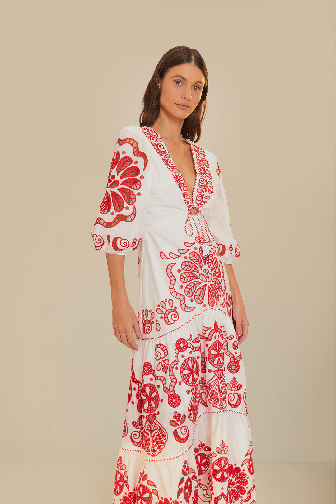 White Richelieu V Neck Maxi Dress